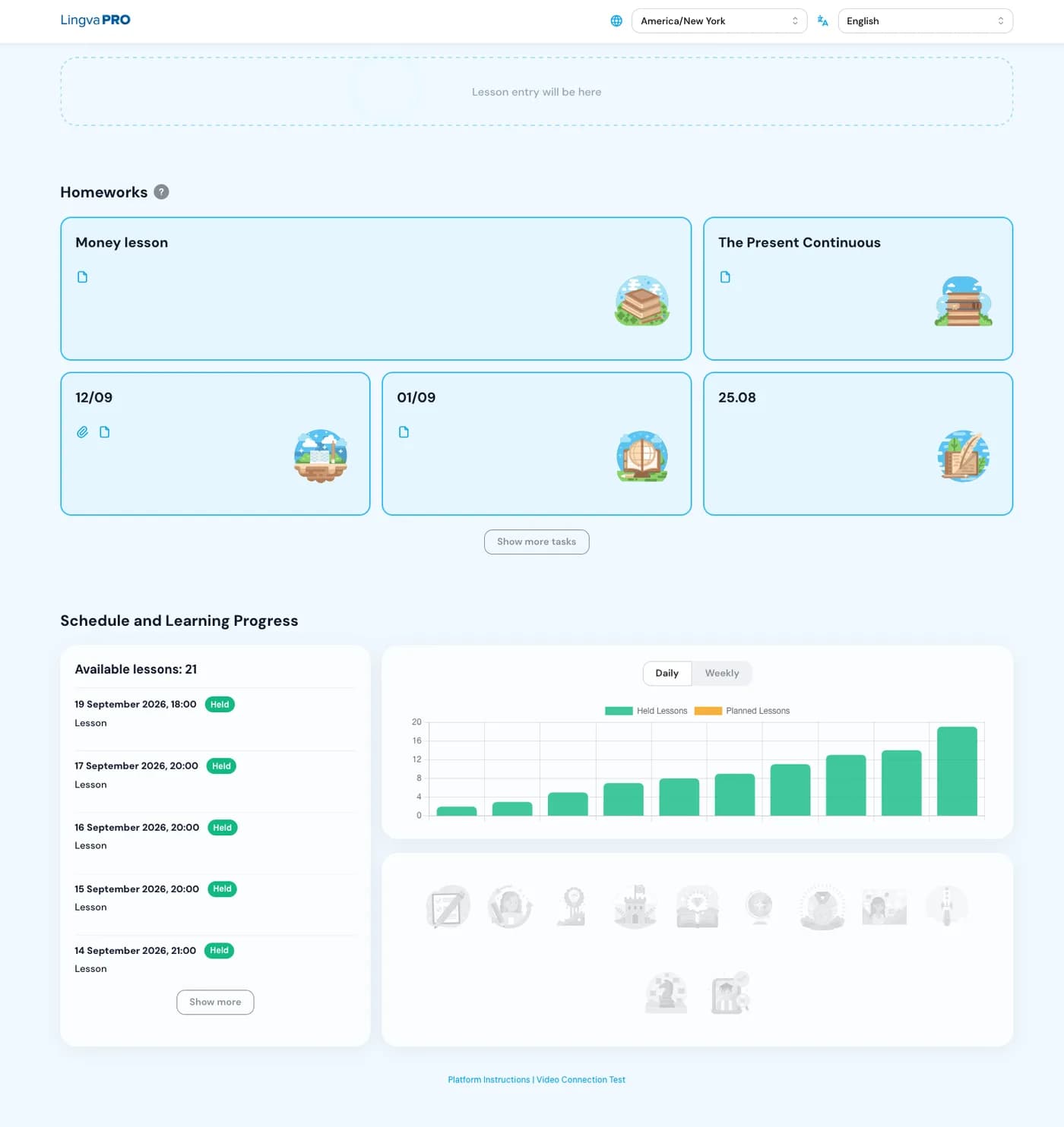 The Lingva Pro student account: lesson entry, homework, schedule and a progress chart