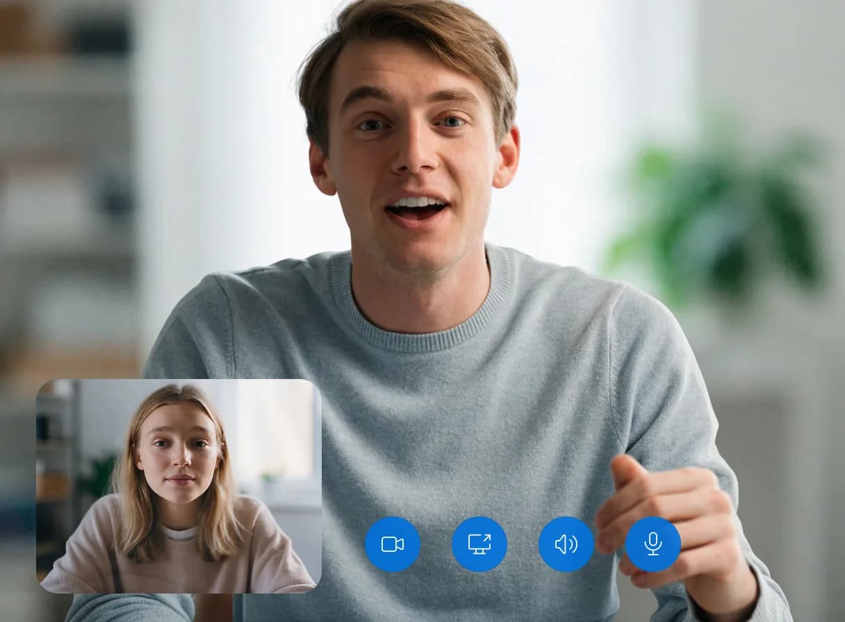 An online lesson: a teacher explains a topic while a student listens in the video call window